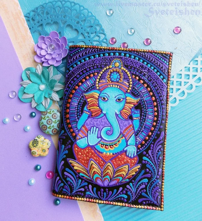 Decorative painting of covers for the passport Ganesha, Om - My, Needlework without process, Ganesha, Ohm, Cover, Design, Presents, Handmade, Customization, Acrylic, Drawing, Decorative arts, Decor, Creation, Needlework, Esoterics, India, Art, Longpost