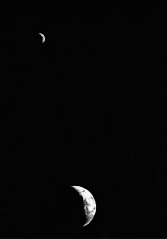 The first-ever photograph of the Moon and Earth in one frame, taken in 1979 by Voyager 1 from a distance of 11.66 million km - Old photo, Black and white photo, Space, Planet Earth, moon