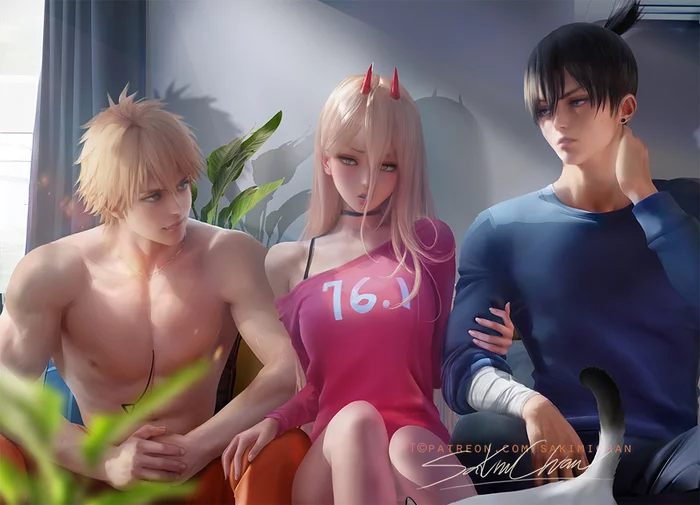 Threesome - NSFW, Sakimichan, Art, Anime, Game art, Hand-drawn erotica, Power (Chainsaw Man), Denji, Aki Hayakawa, Girl with Horns, Pantsu