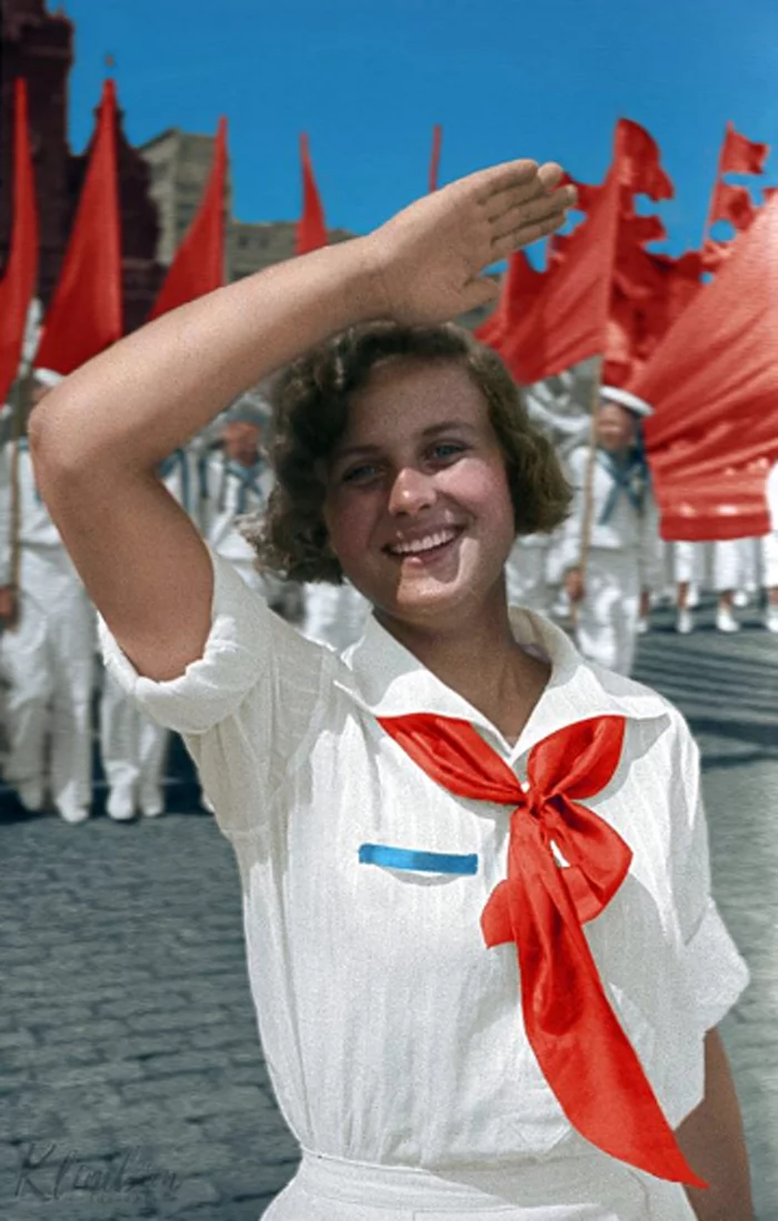 Pioneer column leader, 1938 - Retro, Pioneers, Girls, Youth, Colorization, the USSR