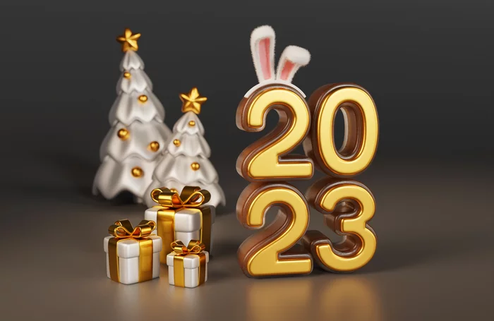 Happy new year 2023 greeting card/wallpaper (can be downloaded) - My, 3D, 2023, New Year, Blender, 3D modeling, Cycles, 3D graphics, Digital, Christmas trees, Presents, Desktop wallpaper, Longpost