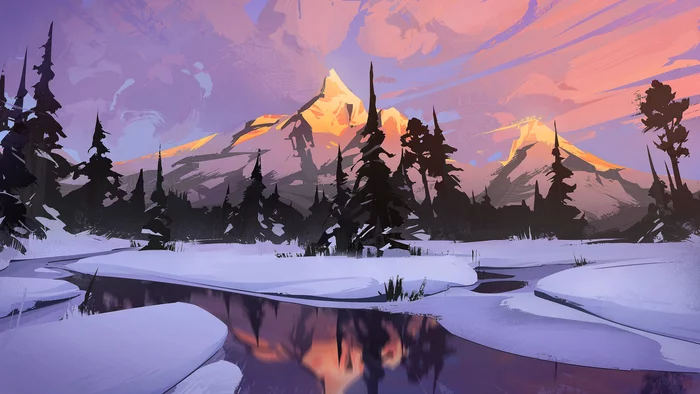 Golden Mountains - Art, 2D, Digital drawing, Digital, Winter, Snow, The mountains