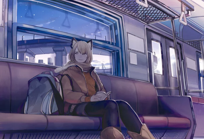 fellow traveler - Art, Anime, Anime art, Animal ears, A train, Evening, Original character