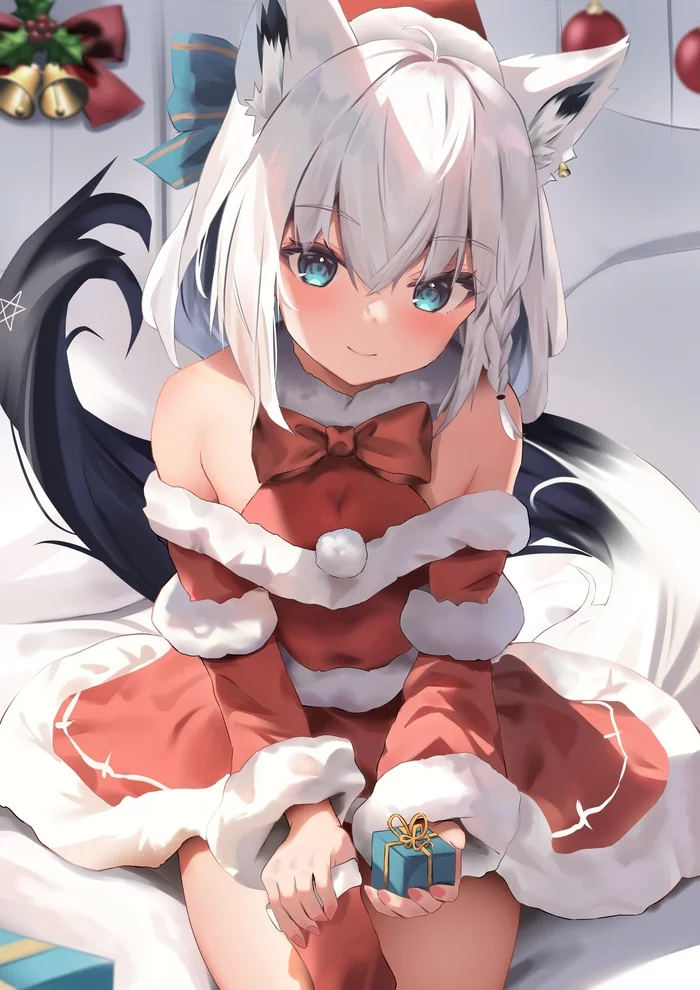 Shirakami Fubuki - Anime, Anime art, Art, Hololive, Virtual youtuber, Christmas, Santa Claus, Animal ears