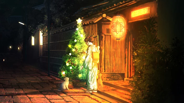 christmas night - Art, Illustrations, Christmas, cat, Girls, Kimono, Night