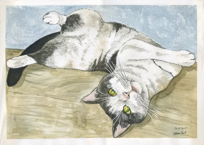 Continuation of the post Cat in lemons - My, cat, Drawing, Creation, Watercolor, Painting