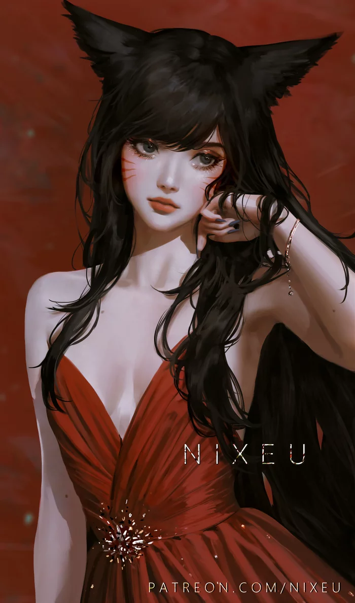 RED - Drawing, League of legends, Ahri, Girls, Animal ears, Nixeu, Art