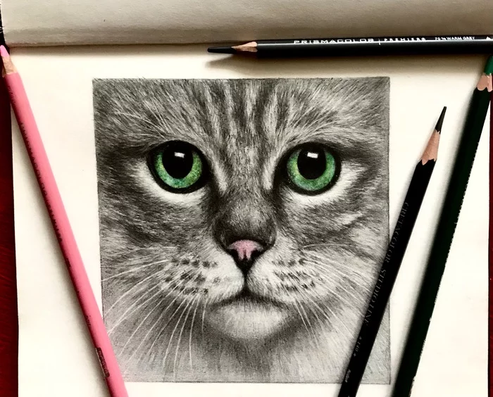 Fluffy muzzle graphics - My, Pencil drawing, Graphics, Drawing, cat, Hobby