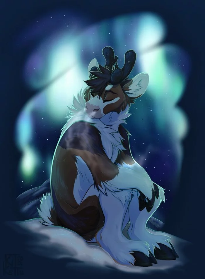 Northern lights - Furry, Furry deer, Kitakettu, Polar Lights, Art, Furry art