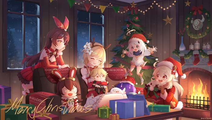 Christmas - Anime art, Anime, Amber, Klee, Lumine, Paimon, Christmas