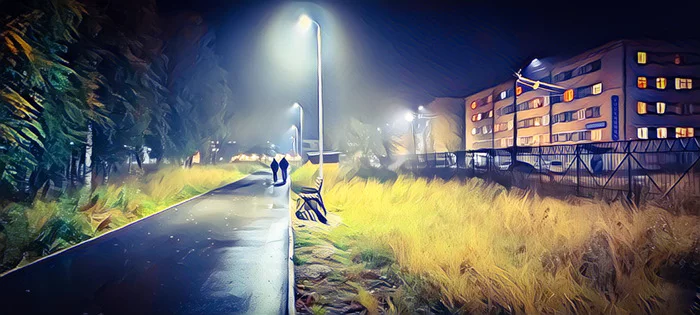 Colored world, Razuvaeva.) Lanterns and silhouettes. - My, The photo, Mobile photography, Photo on sneaker, Night city, Romance, Light, Shadow, Evening, City walk, The street, The park