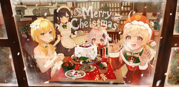 Merry Christmas - Anime art, Anime, Lumine, Klee, Paimon, Mona, Christmas