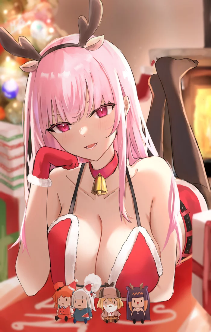 Xmas Mori - Аниме, Anime Art, Арт, Hololive, Virtual YouTuber, Mori Calliope, Чокер