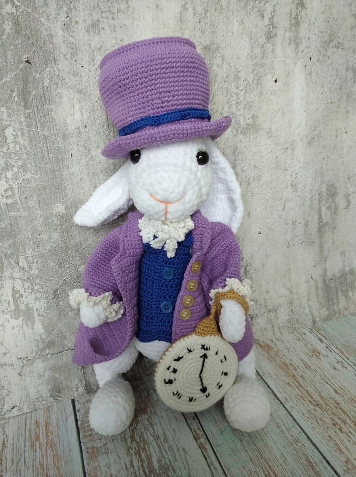 White rabbit with clock - Crochet, Knitted toys, Rabbit, White Rabbit, My, Alice in Wonderland, Needlework