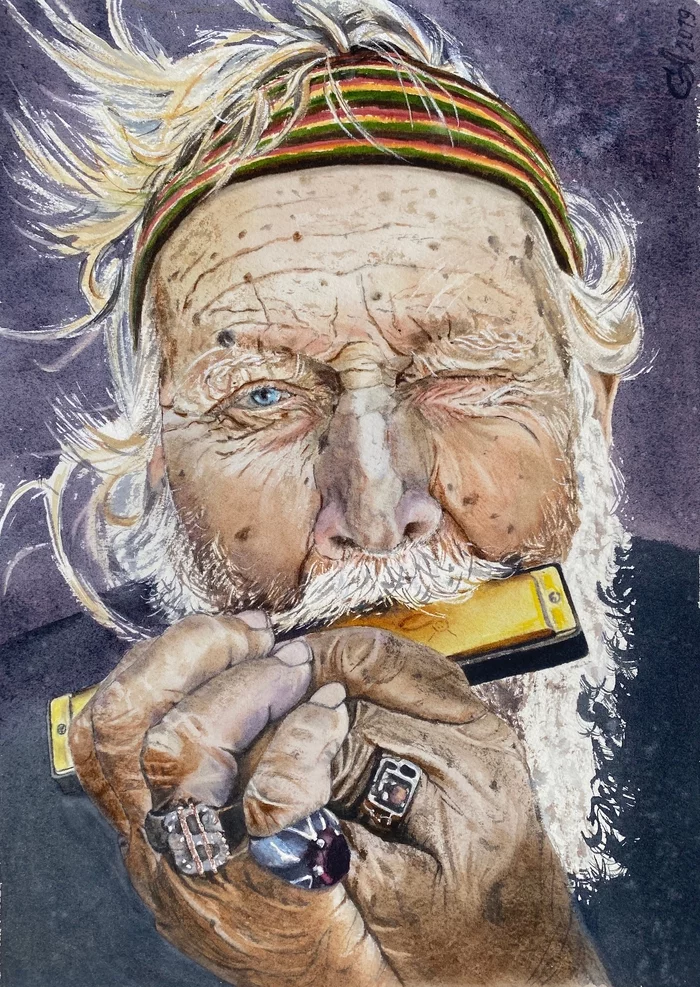 Old man - My, Painting, Watercolor, Watercolor paper, The Old Man and the Sea