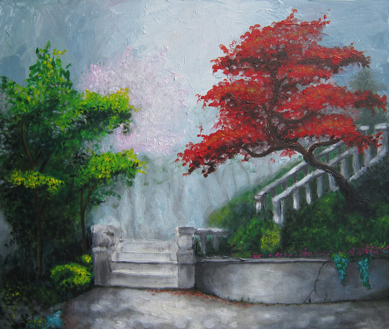 Staircase in the garden 50x60 - My, Acrylic, Drawing, Canvas, Longpost