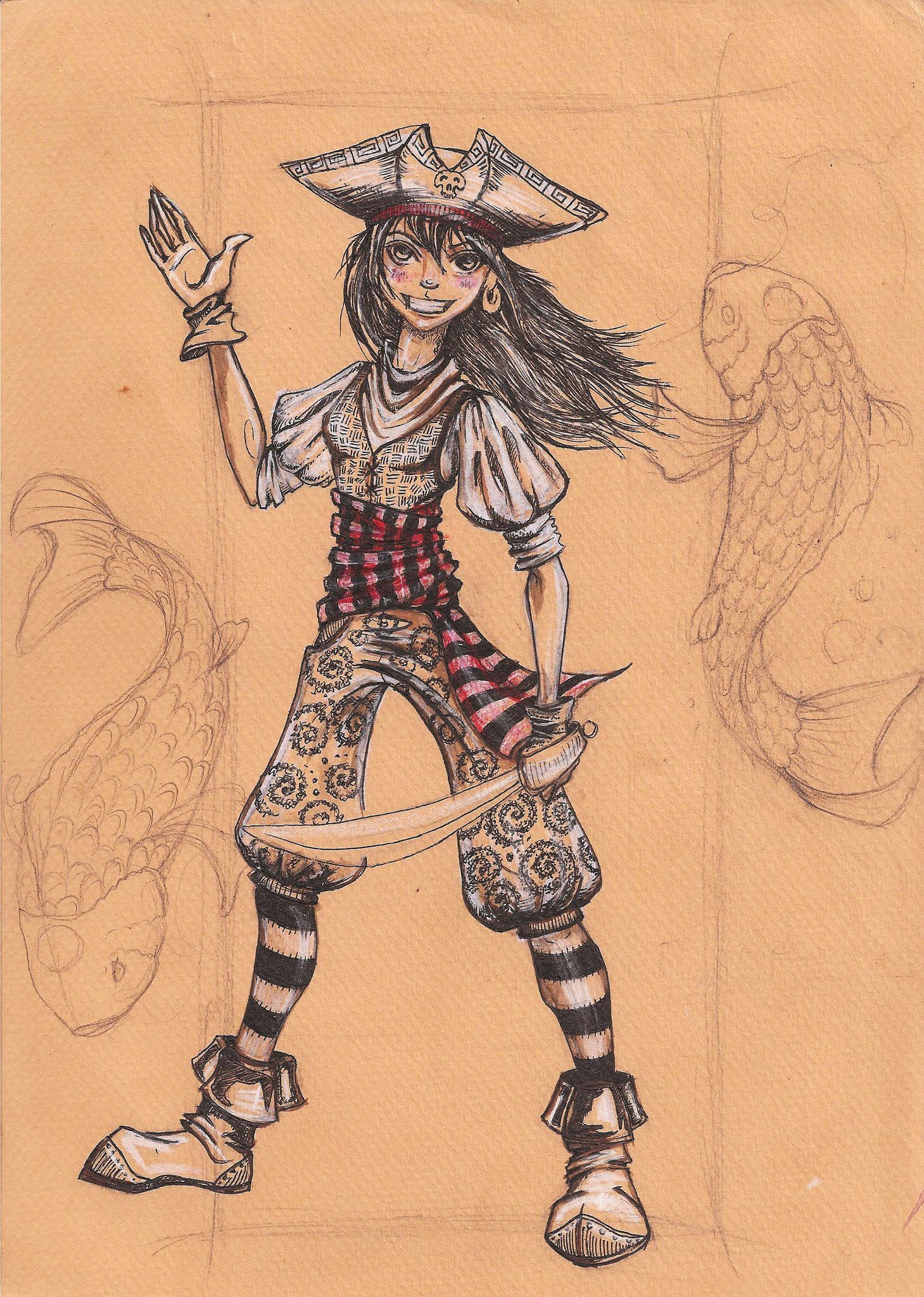 Pirate and xs - My, Drawing, Art, Pencil drawing, Longpost, Portrait, Self-portrait, Anime, Anime original, Pirates