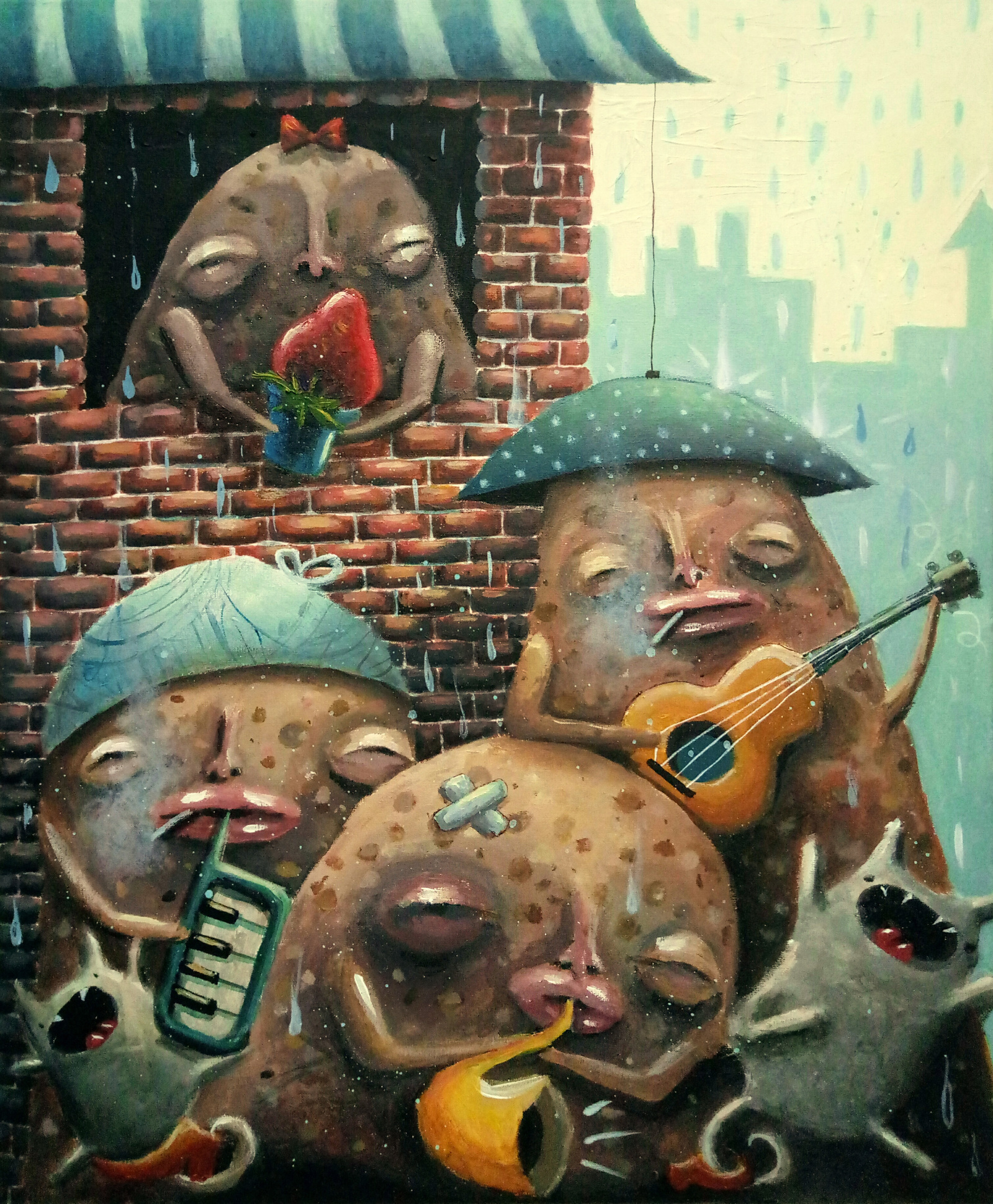 Singing Potatoes, 50*60 cm, acrylic, canvas on stretcher - My, cat, Rain, Music, Potato, Painting, Acrylic, Humor, Orchestra