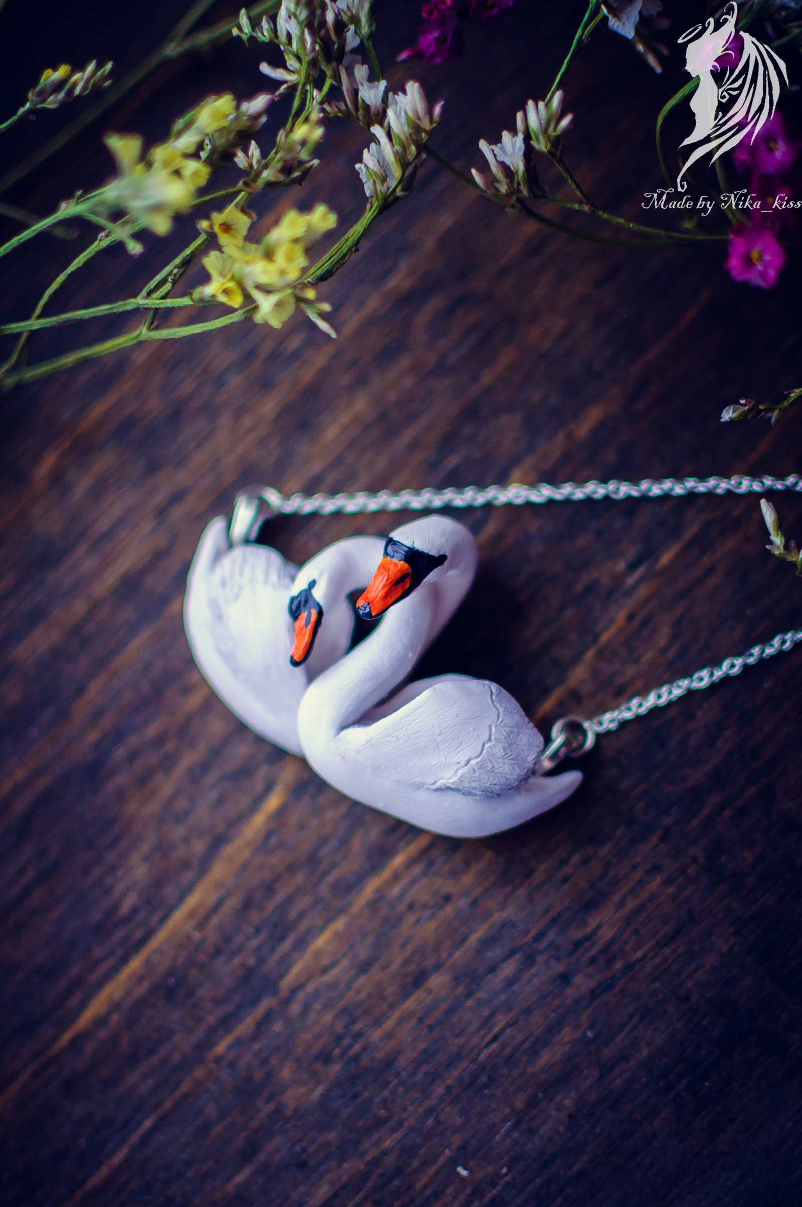 Pendant in the form of swans made of polymer clay. - My, Handmade, Polymer clay, Swans, Nika_kiss, Needlework without process, Suspension, Longpost