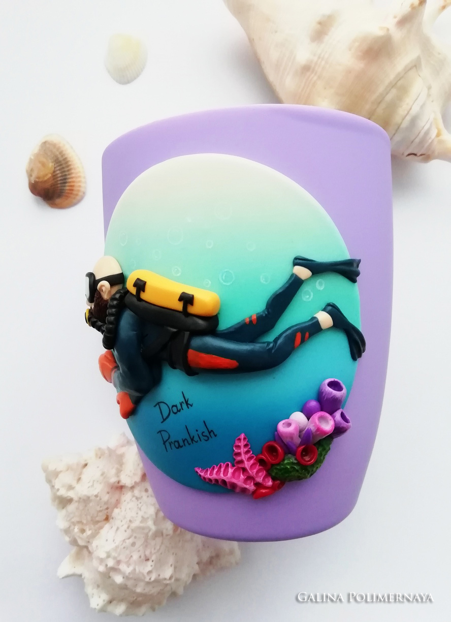 Diver mug ^_^ - My, Diver, Кружки, Polymer clay, Needlework without process, Handmade, Лепка, Handmade, Longpost, Mug with decor