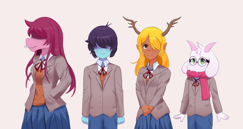 Monster Literature Club - Doki Doki Literature Club, Deltarune, Kris, Susie, Noelle, Ralsei, Crossover, Art, Crossover