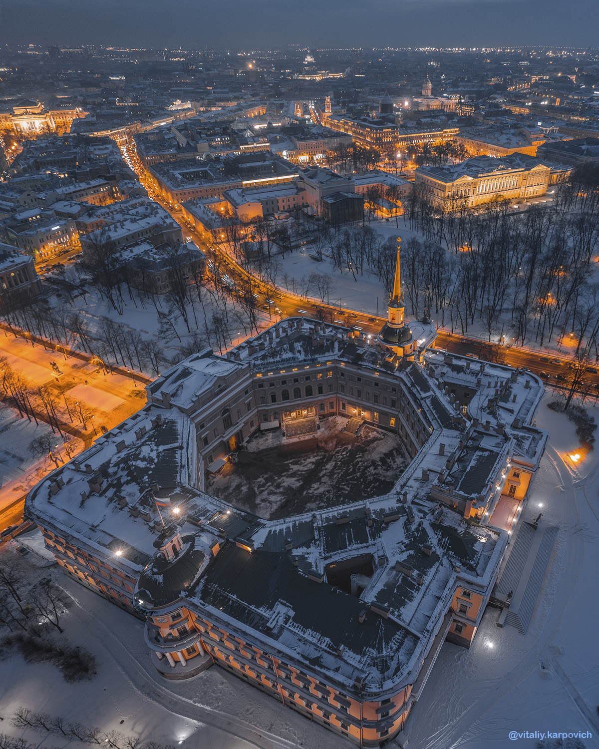 Михайловский (Инженерный) замок в Санкт-Петербурге. Зима-весна. - Моё, Фотография, Аэросъемка, Санкт-Петербург, Vitaliy karpovich, Михайловский замок, Ночной город, Длиннопост