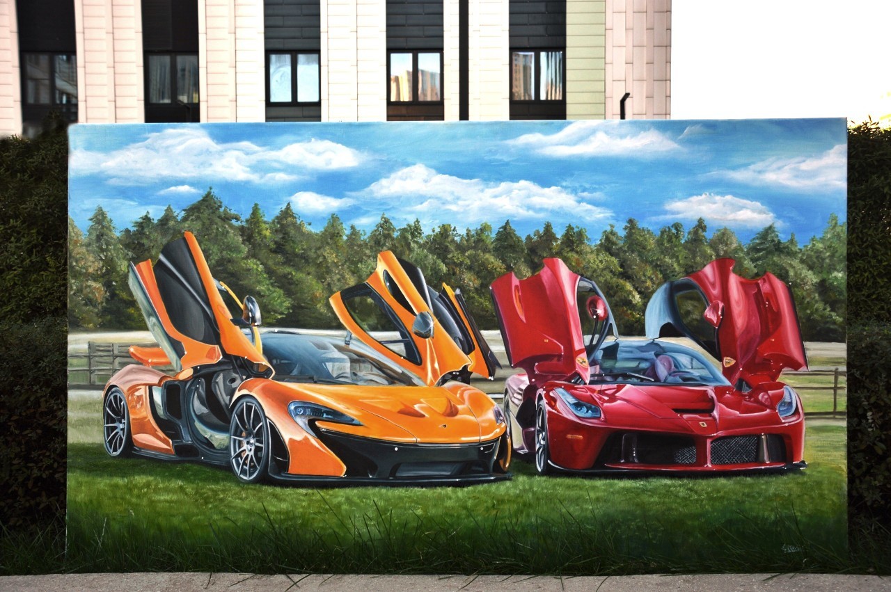 Oil painting of two supercars McLaren P1 & Ferrari LaFerrari size (1000*1700mm) - My, Supercar, Ferrari, Mclaren, Oil painting, Ferrari laferrari, Mclaren P1, Longpost