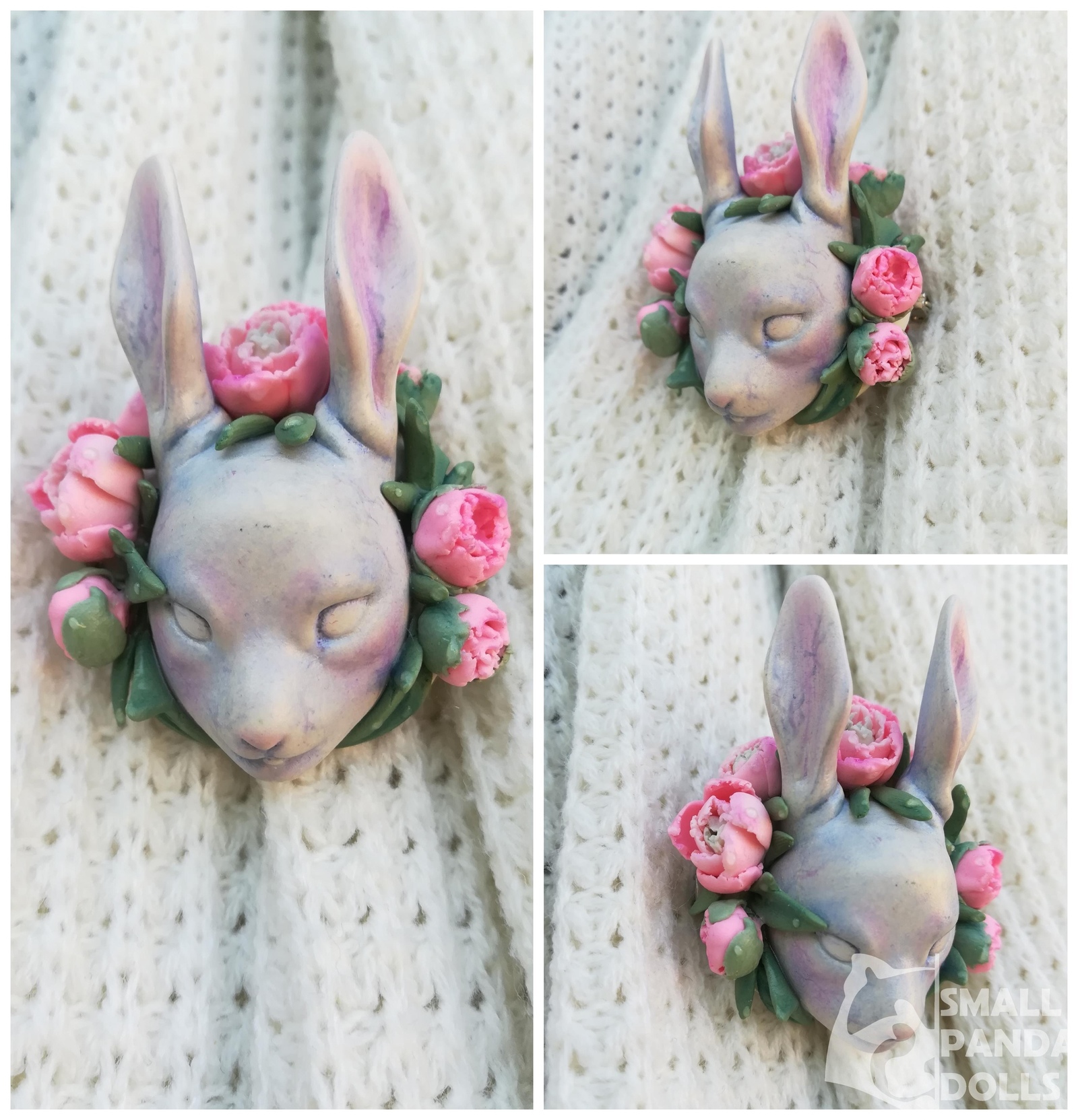 Bunny in peonies - My, Friday, Needlework without process, Furry, Brooch, Polymer clay, Longpost