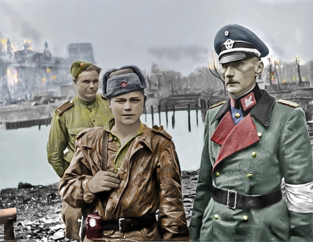 Берлин 1945г, наши солдаты и пленный генерал майор Вробель. - Моё, Photoshop, Реставрация, Колоризация