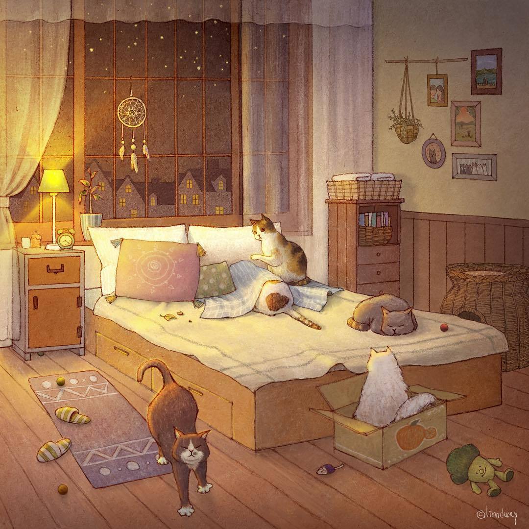 Cozy cat world from Korean artist Limduey - cat, Artist, Limduey, Art, Longpost