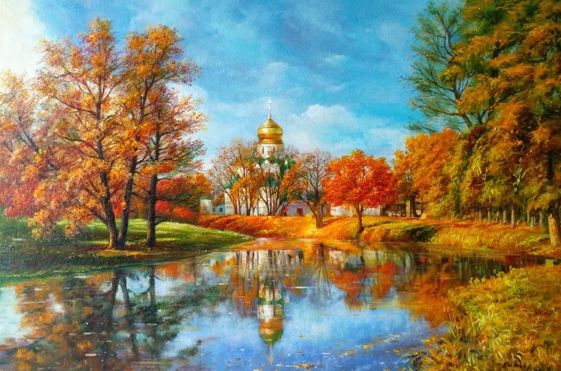 Autumn in Tsarskoye Selo. Feodorovsky Cathedral - Painting, The cathedral, Church, Tsarskoe Selo, Art, Painting, Decor, Design