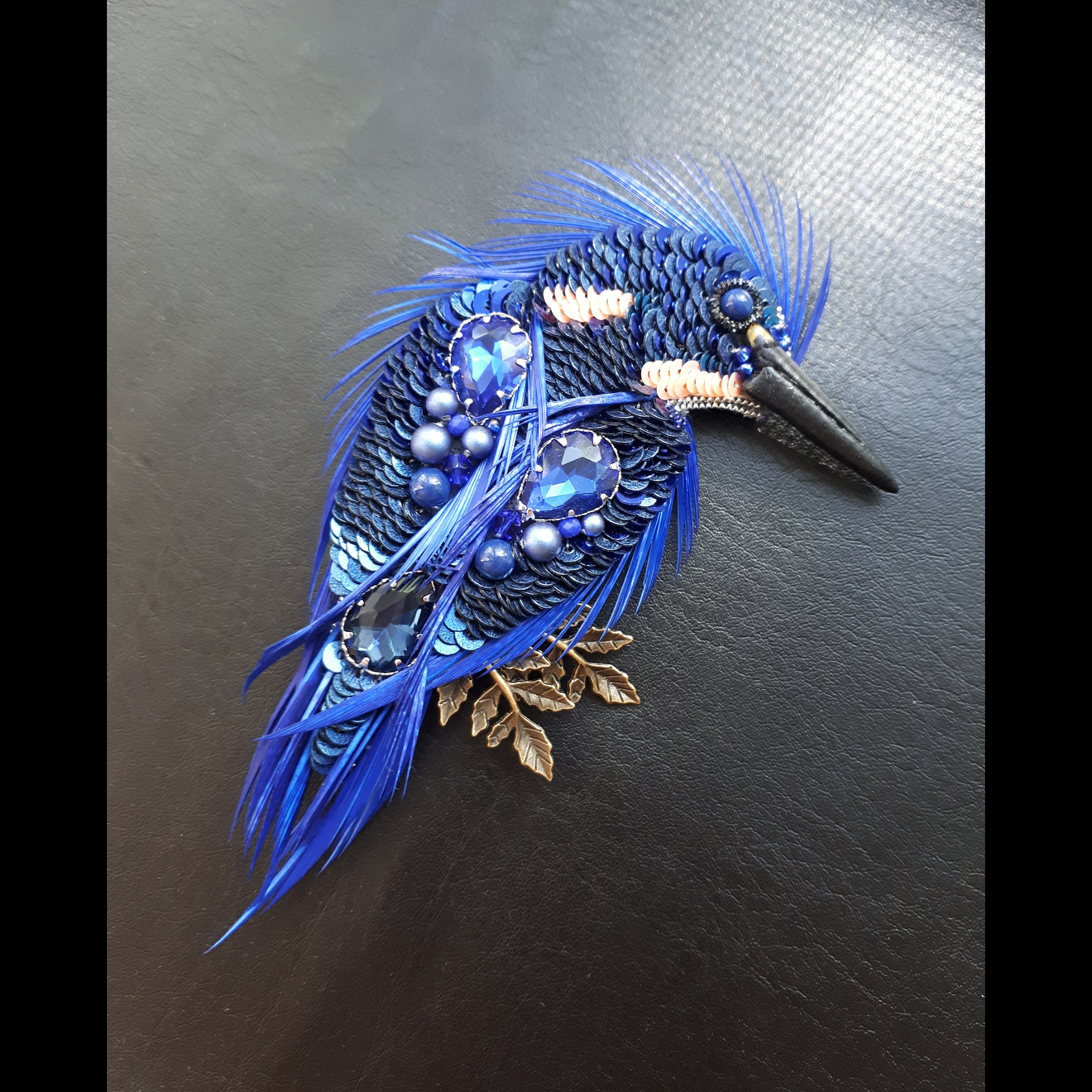 Azure Kingfisher - My, , Brooch, Needlework, Embroidery, With your own hands, Handmade, Longpost, Sequins