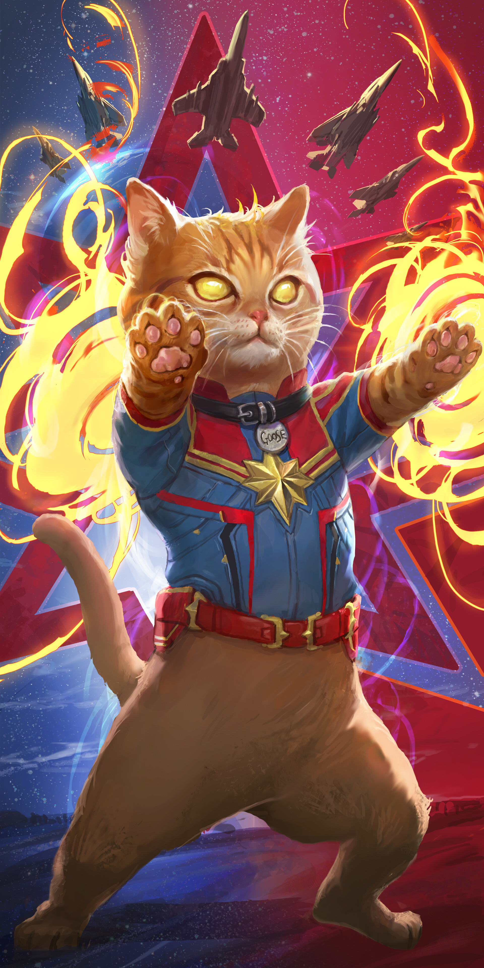 Captain Marvel - Art, Drawing, cat, Captain Marvel, goose, In shoo