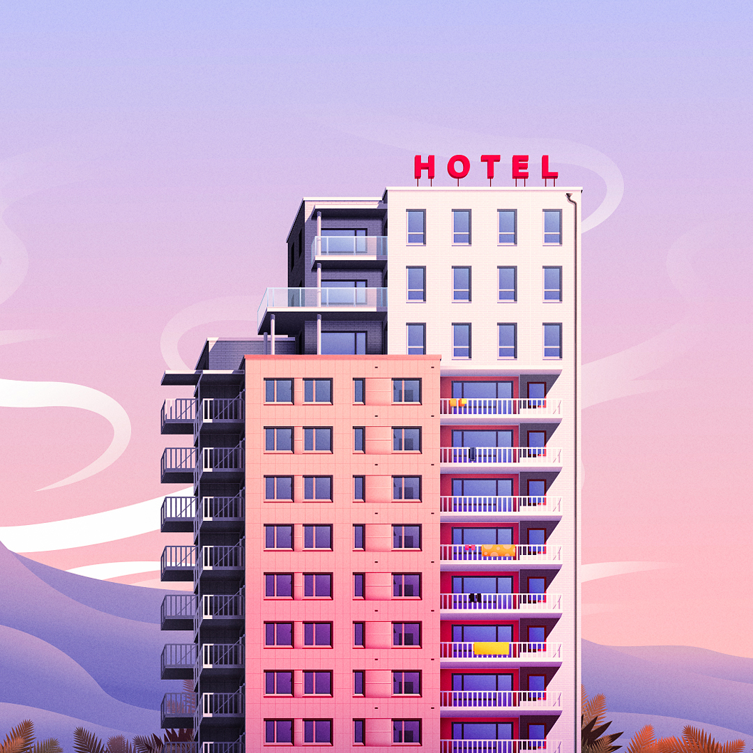 Hotel - My, Vector graphics, Landscape, Hotel, Sunset