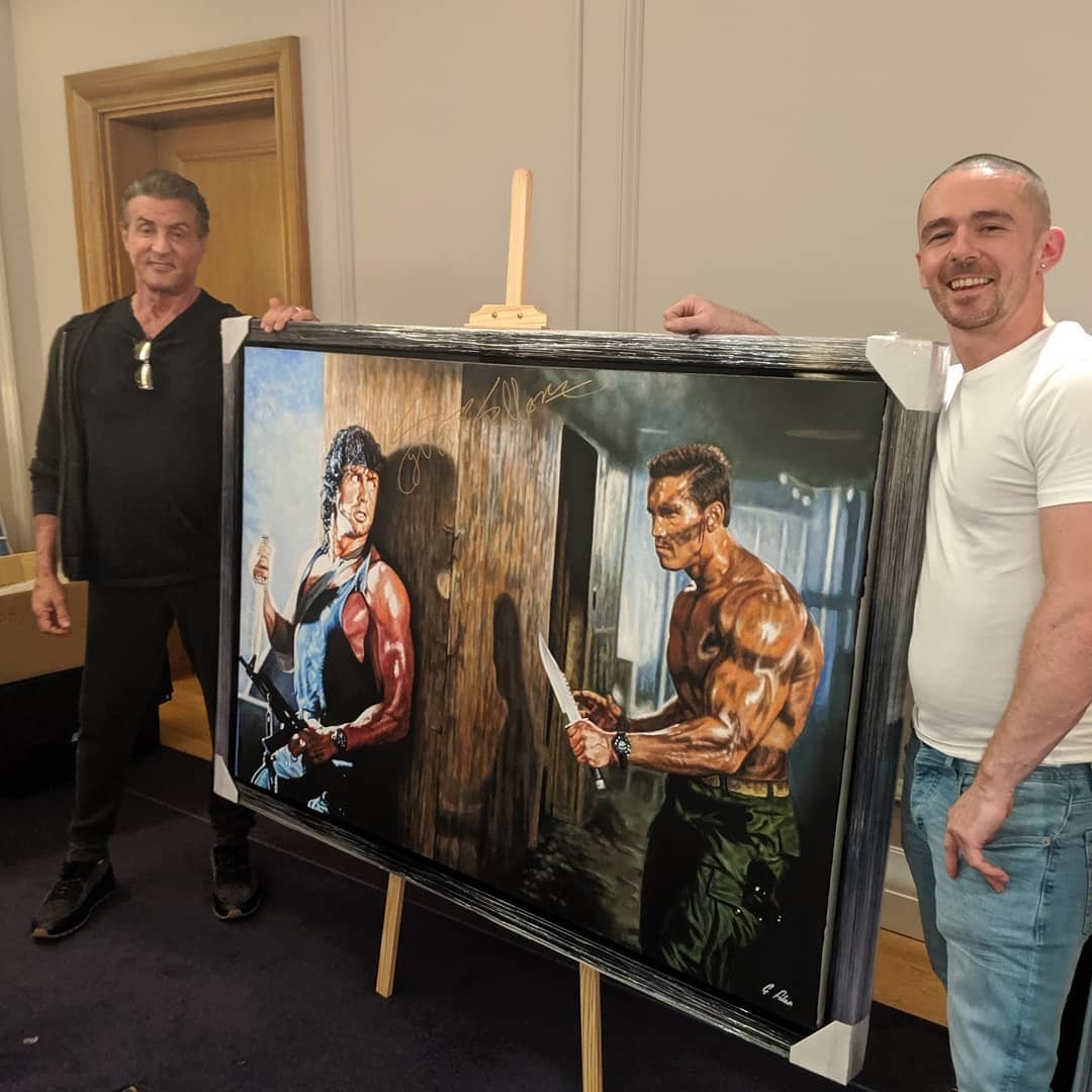 Artist Glen Folan paints picture of two action movie legends - Arnold Schwarzenegger, Sylvester Stallone, Celebrities, Rambo, Commando, Interesting, Painting, Artist