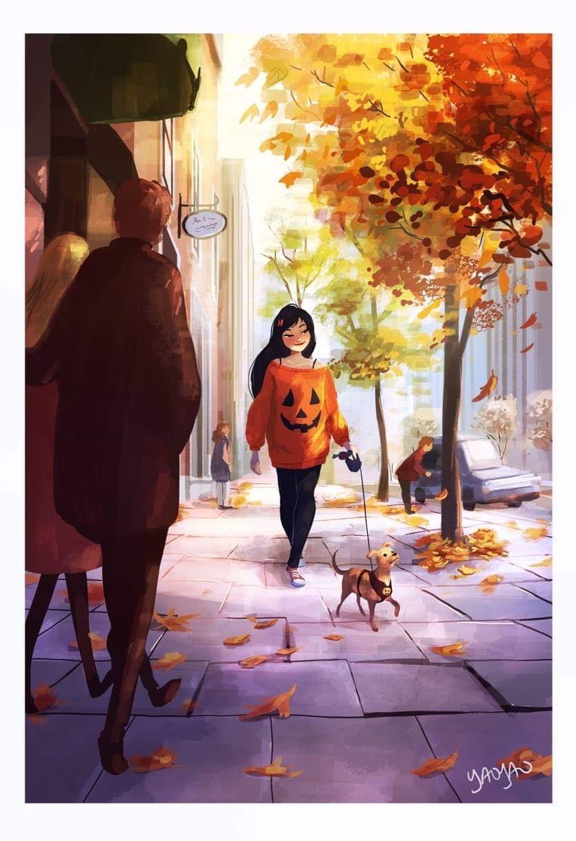 Autumn.. - Art, Yaoyaomva, Girls, Dog, Autumn, Drawing, Nature, Longpost