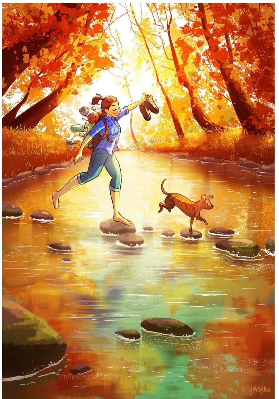 Autumn.. - Art, Yaoyaomva, Girls, Dog, Autumn, Drawing, Nature, Longpost