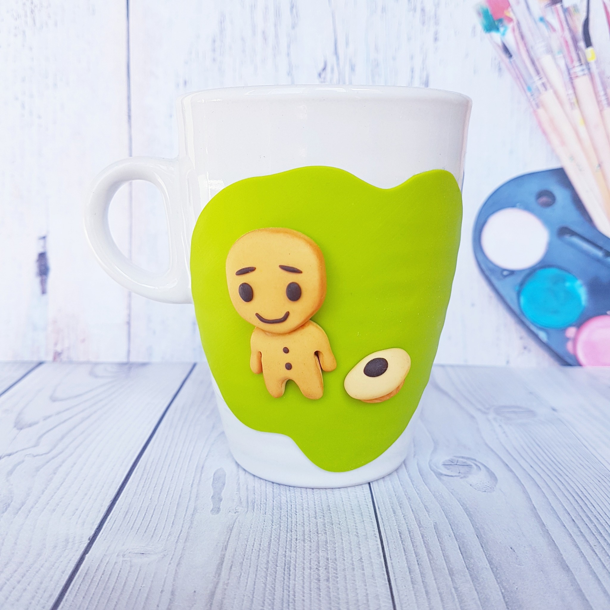 clay cookie - My, Polymer clay, Mug with decor, Лепка, Cookie, Peekaboo, Кружки