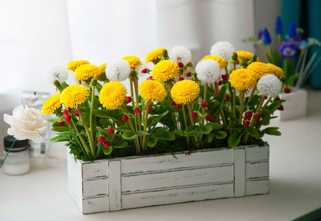 Dandelions and strawberries from cold porcelain - My, Polymer clay, Polymer floristry, With your own hands, Needlework without process