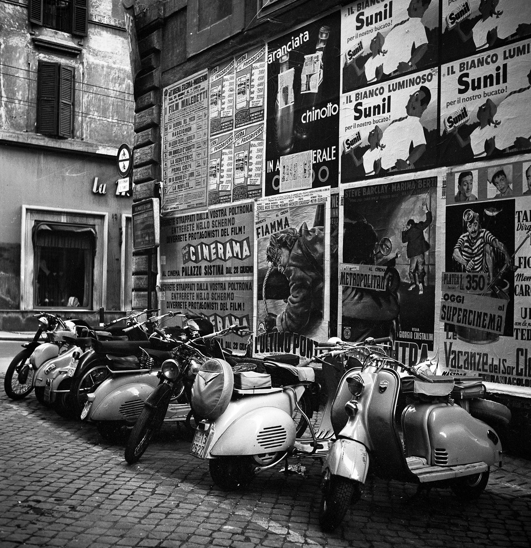 Lambrettes and Vespas on a Roman street, Italy, 1955 - Retro, Scooter, , Italy, Rome, 50th, Poster, The photo, Vespa