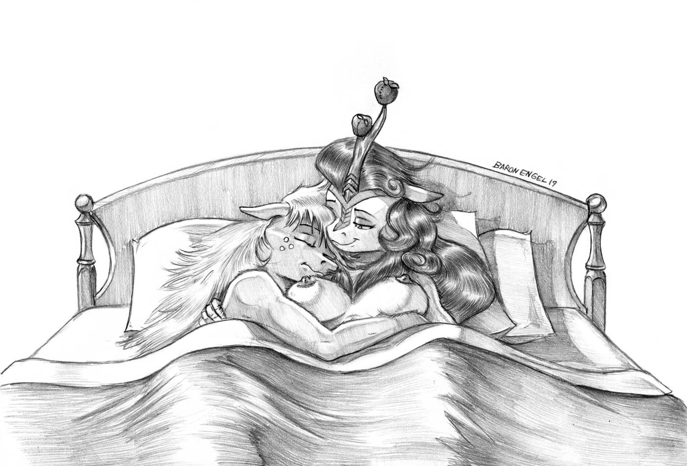 In Bed Together - NSFW, My Little Pony, Applejack, Autumn Blaze, Антро, Шиппинг, MLP Lesbian, MLP Suggestive, Baron Engel