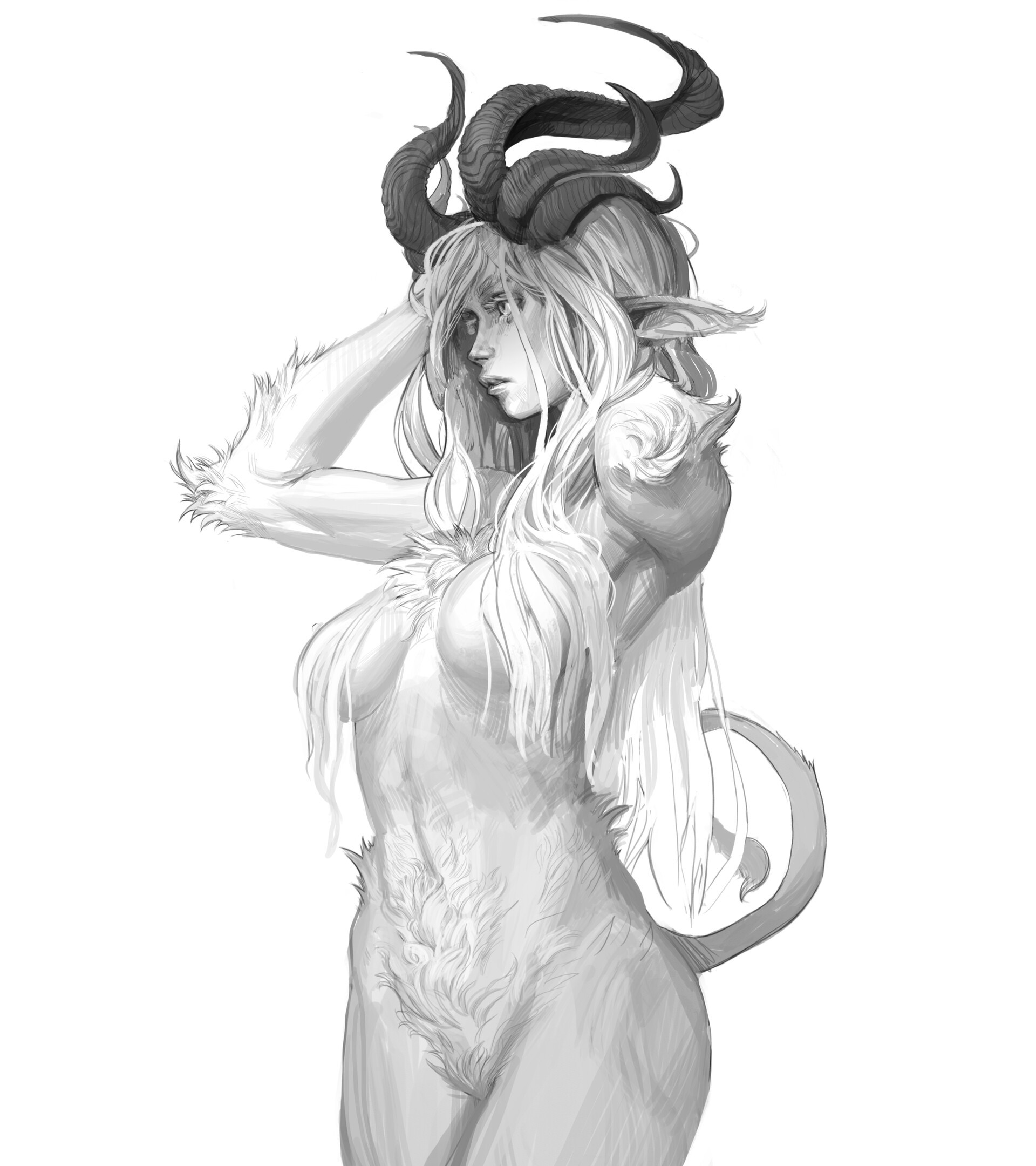 Horns - NSFW, Art, Drawing, Girls, Monster girl, Mathias Osland