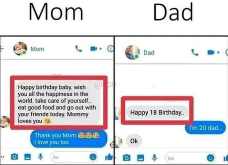 How parents congratulate - Mum, Father, Parents, Congratulation, Birthday, Difference, Screenshot, Picture with text