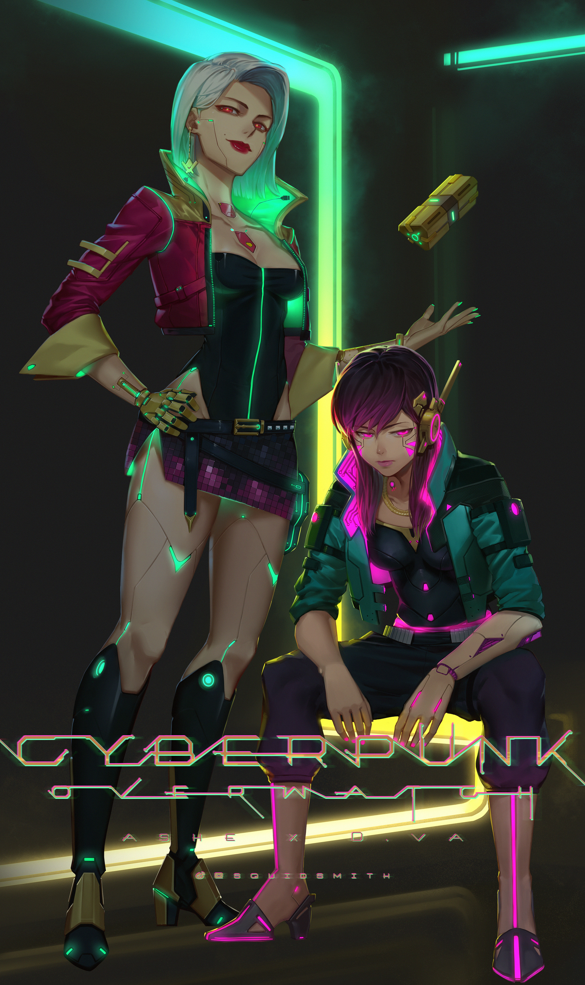 Cyberwatch - Overwatch, Cyberpunk 2077, Crossover, Ashe, Dva, Squidsmith