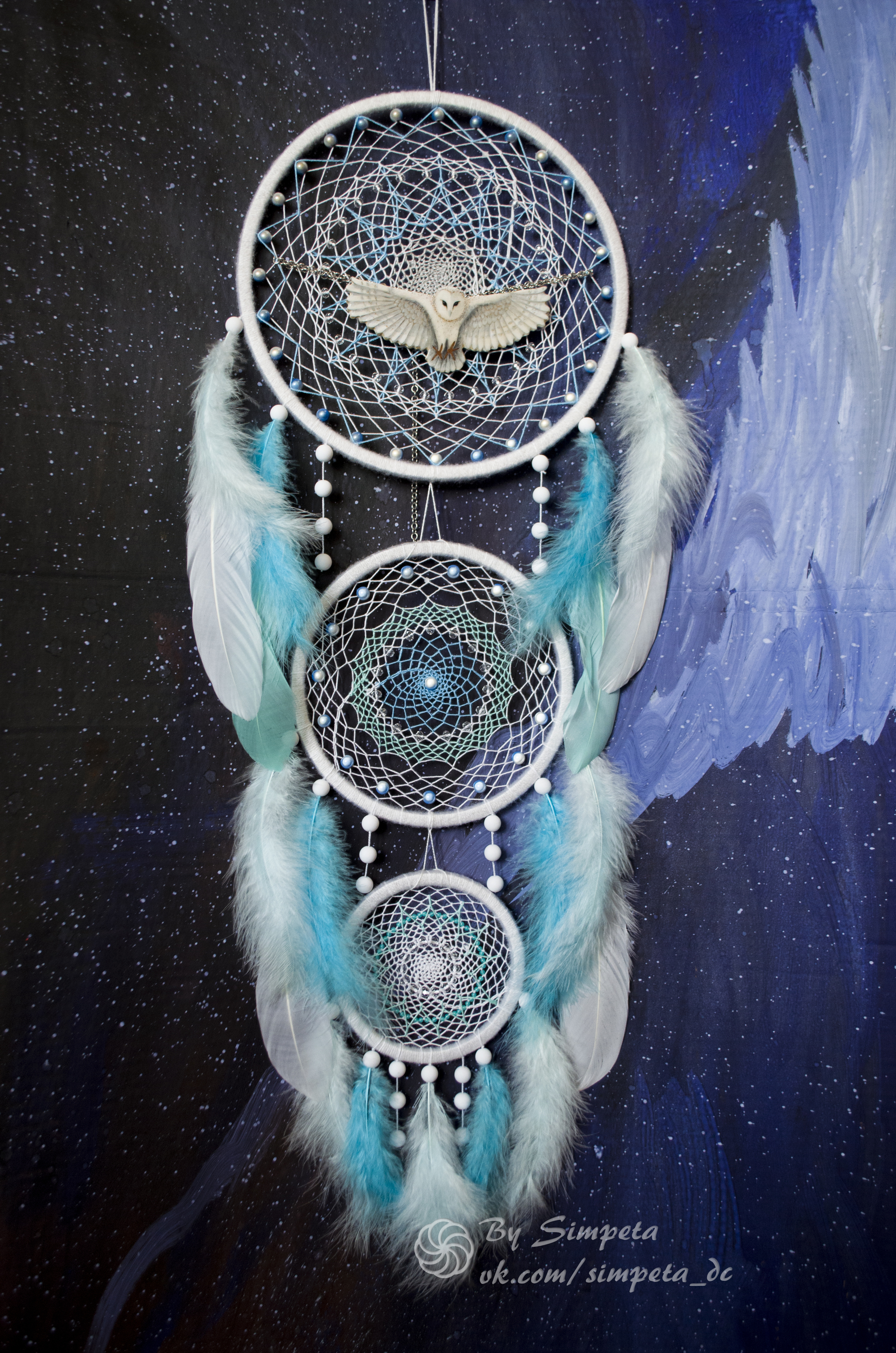 Dream catcher Winged Blizzard - My, Bysimpeta, Dreamcatcher, Needlework without process, Needlework, beauty, Owl, Snow, Weaving, Longpost