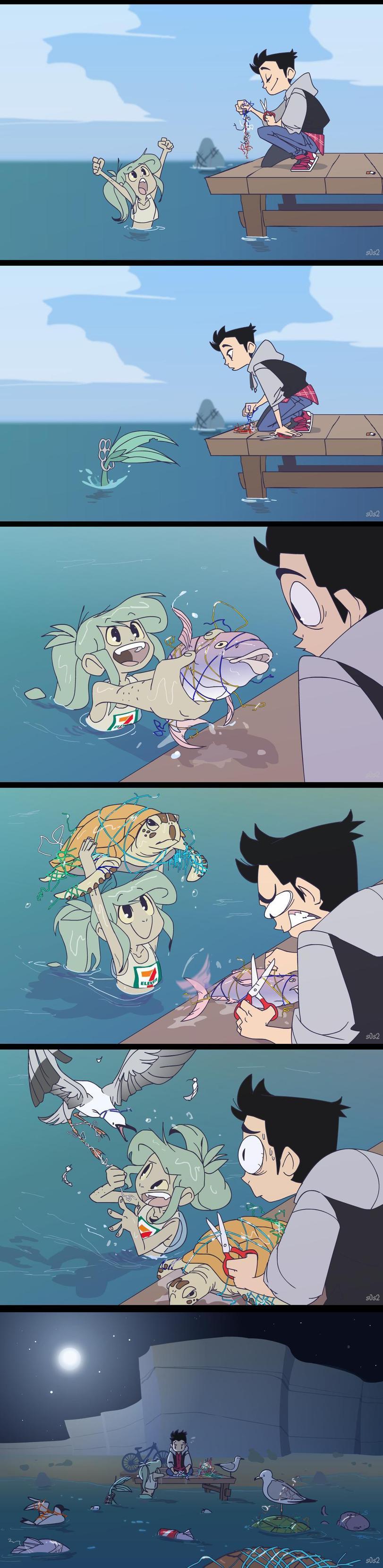 A real hero - Mermaid, S0s2, Plastic, Ocean pollution, Comics, Longpost, The Little Trashmaid