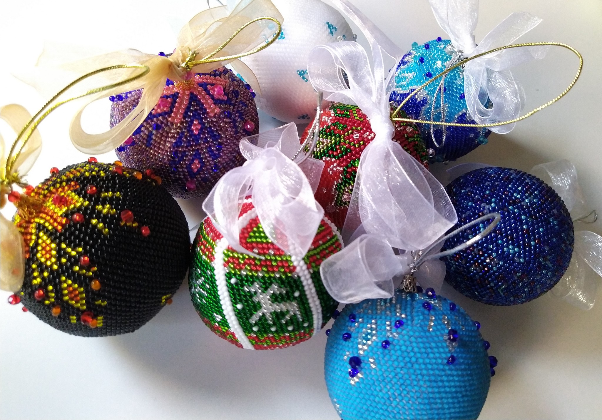 Balls for the Christmas tree - My, Longpost, Beads, Christmas decorations, New Year, Needlework without process