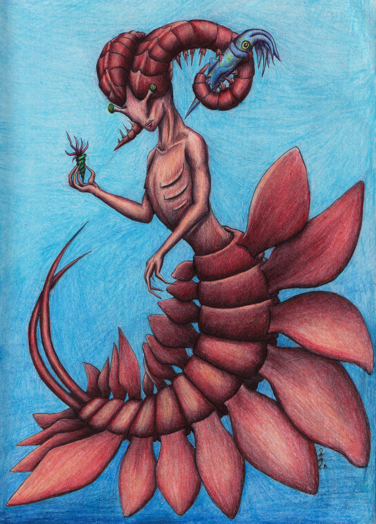 Paleomermaid - My, Drawing, Colour pencils, Fantasy, Arthropods, Anomalocaris