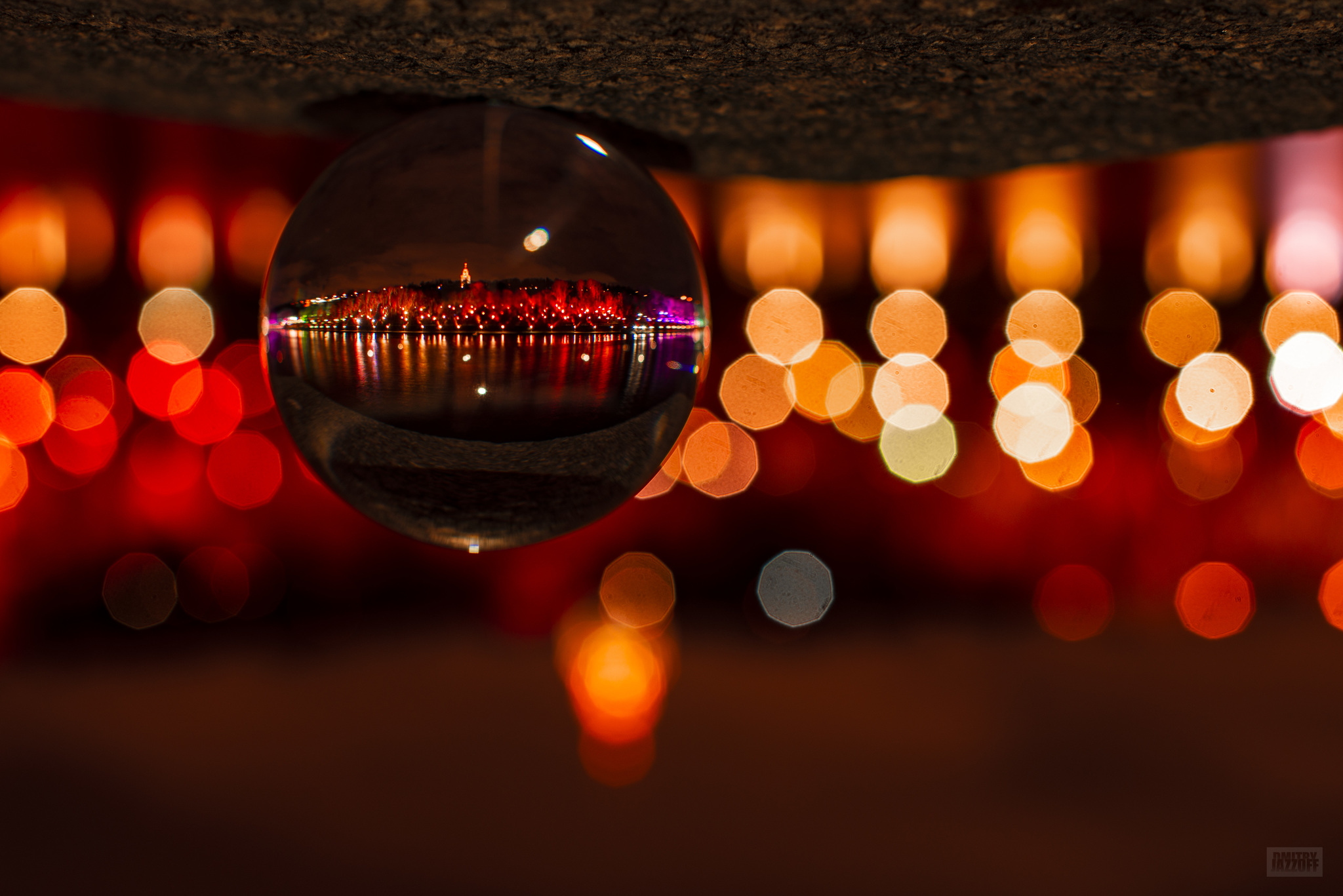 Sparrow Hills through a glass ball - My, Moscow, The photo, Square Sense, Glass Ball, Night city, Longpost