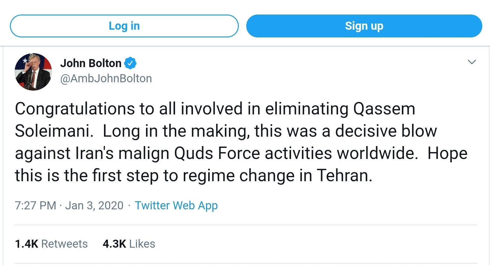 American hawk John Bolton approved the elimination of Soleimani - news, USA, Iran, Politics, John Bolton, Twitter, Qasem Soleimani